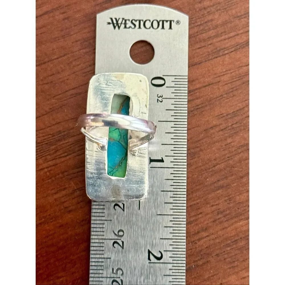 Peacock Dahlia Turquoise Statement Ring Artisan Silver Mosaic Rectangle Ring 7